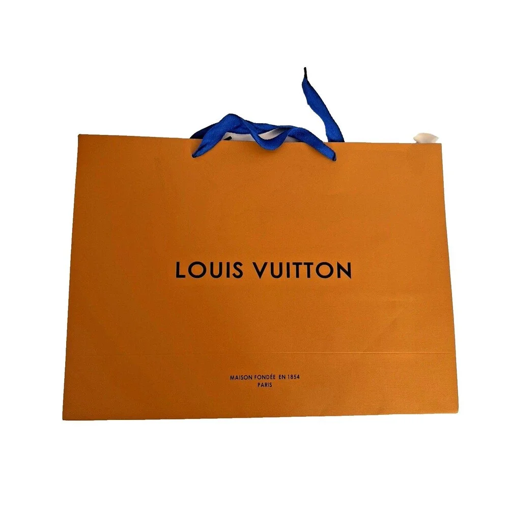 Louis Vuitton Large Orange Paper Shopping Gift Bag Blue Handles 17x12.25x5 LV